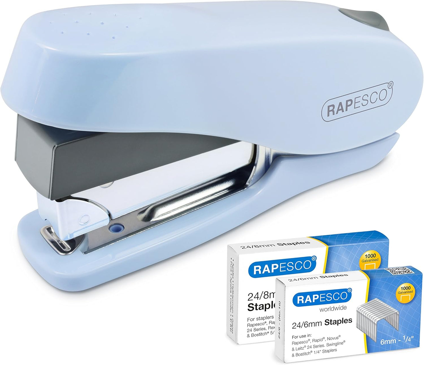 Rapesco 1469 Luna Less Effort Stapler with 2000 Staples, 50 Sheet Capacity, Powder Blue