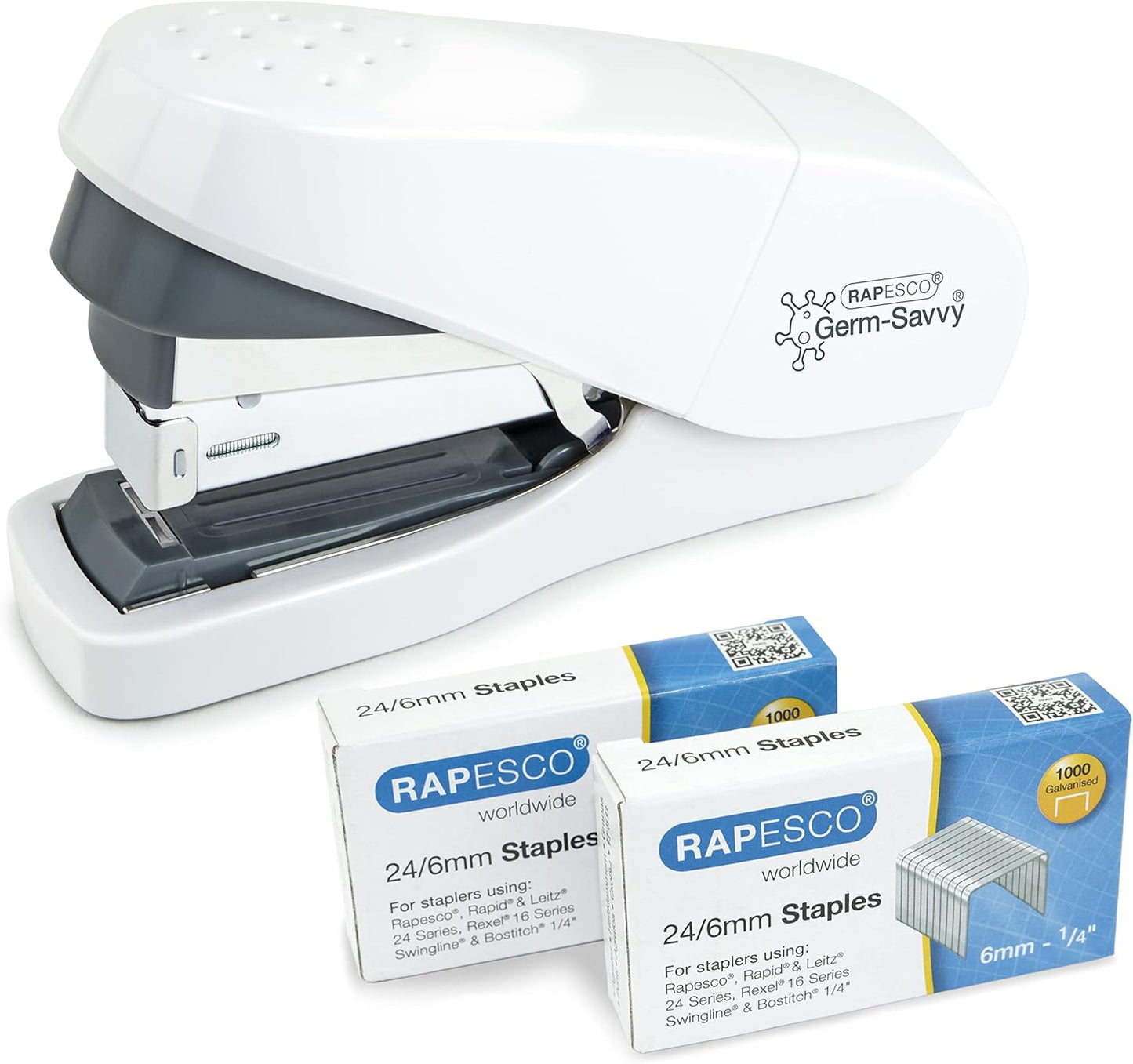 Rapesco 1689 ECO Less Effort Flat Clinch Stapler with 2000 Type 24/6mm Staples, 35 Sheet Capacity, White
