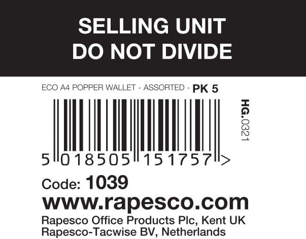 Rapesco 1039 ECO Popper Wallets, A4, Assorted Transparent Colours, Pack of 5