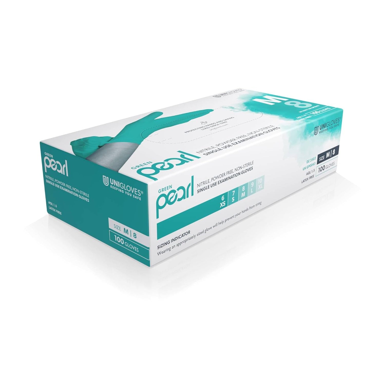 Unigloves Green Pearl Nitrile Examination Gloves - Multipurpose, Powder Free and Latex Free Disposable Gloves - Box of 100 Gloves, Green, Large (GP0044)