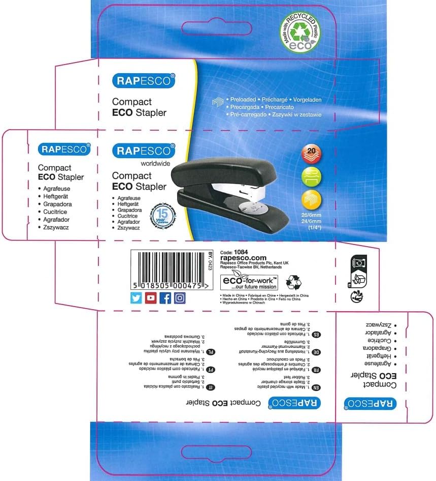 Rapesco 1084 ECO Compact Stapler, 20 Sheet Capacity, Black