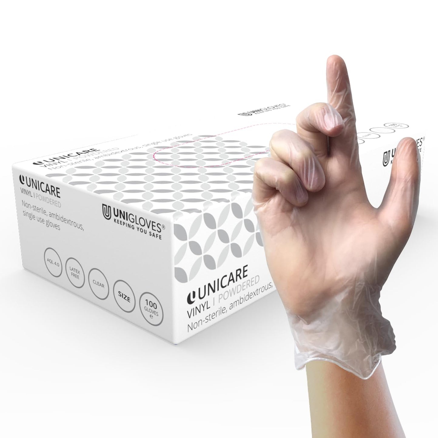 Unigloves Unicare Clear Vinyl Examination Gloves - Multipurpose, Lightly Powdered, Latex Free Disposable Gloves - Box of 100 Gloves, Clear, Extra Small (GS0071)