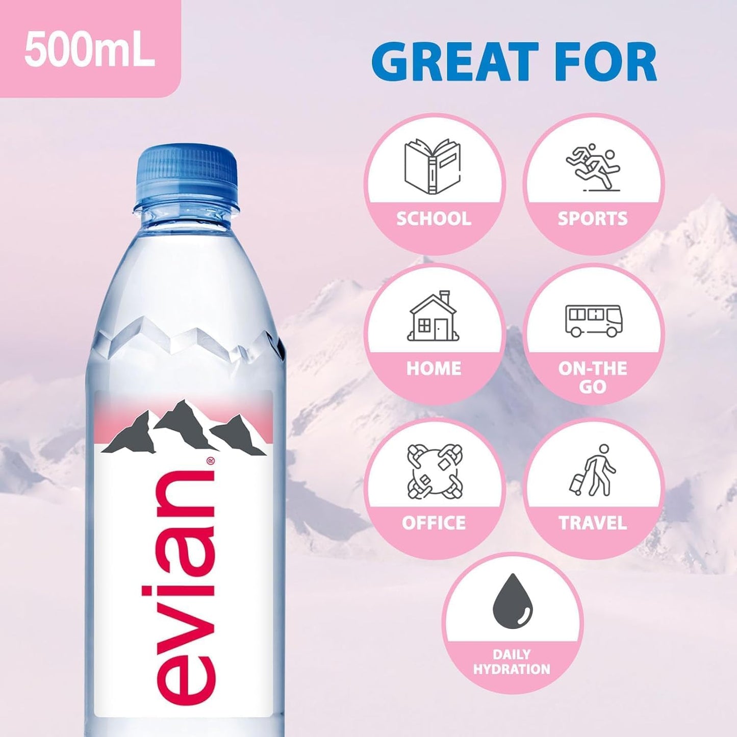 E-vian water | Natural Mineral-Rich Water from the French Alps | Refreshing Hydration On-the-Go | 500ML Bottle | Pack of 24 | Whole Case