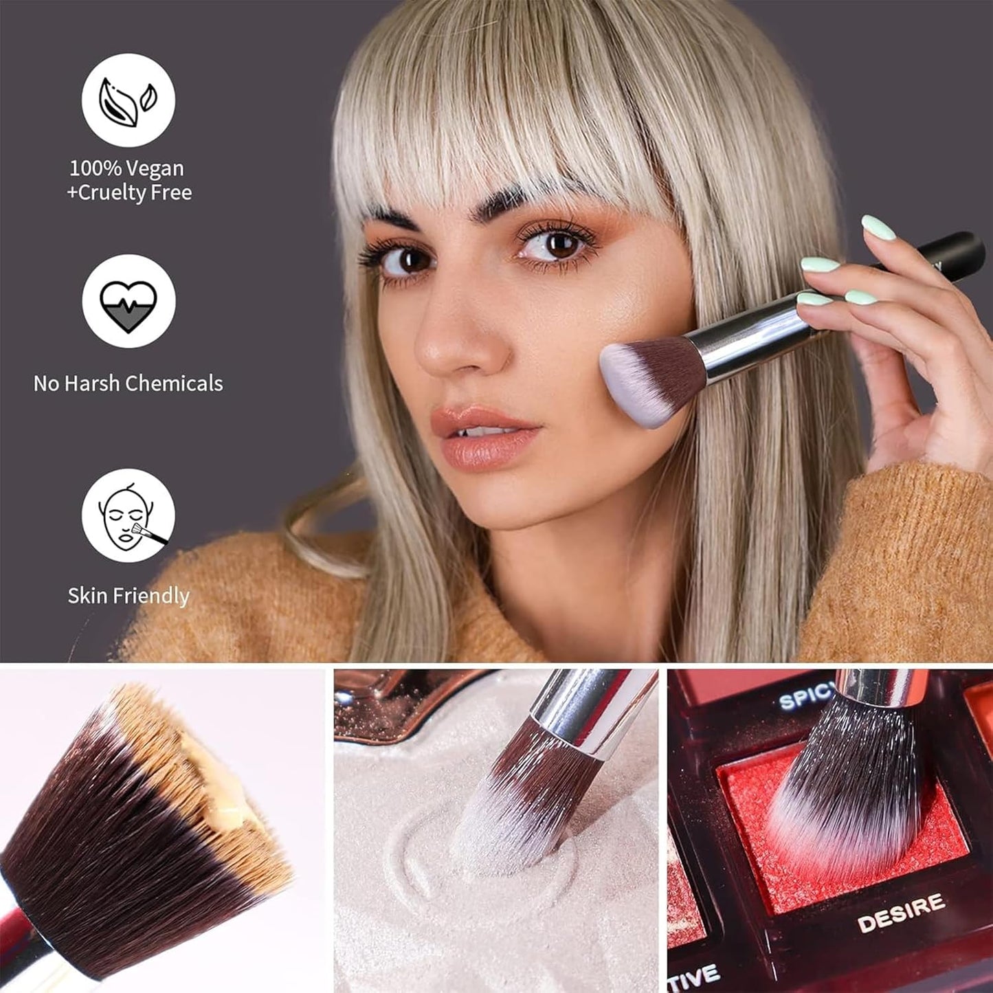 BEAKEY Diversity Make up Brushes 12Pcs Makeup Kit, Premium Synthetic Kabuki Foundation Face Powder Concealers Eyeshadow Blush Brushes Make up Brushes Set, with 2pcs Blender Sponges (Black/Silver)