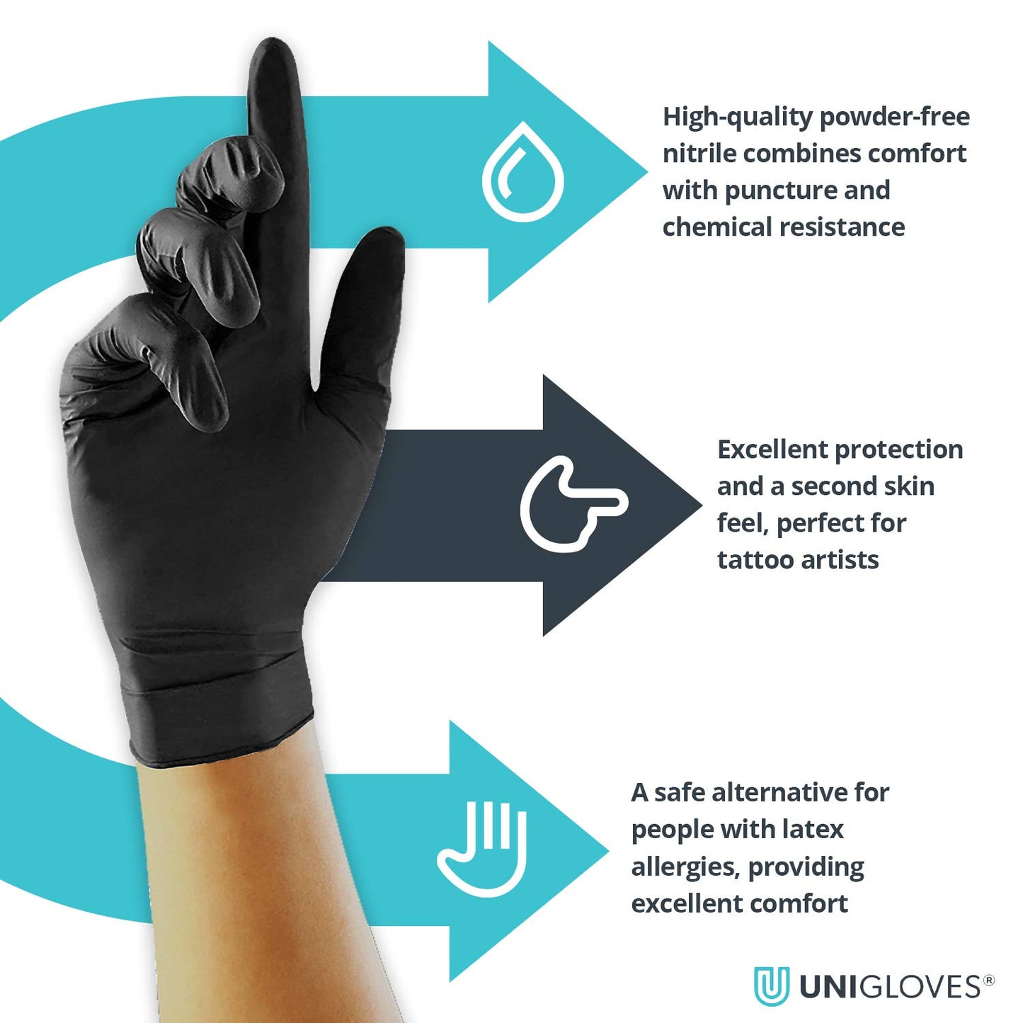 Unigloves Select Black Nitrile GT0033 Single Use Examination - Multipurpose, Powder Free Disposable Gloves, Optimised for Tattoo/Piercing and Beauty, Box of 100 Gloves, Black, Medium