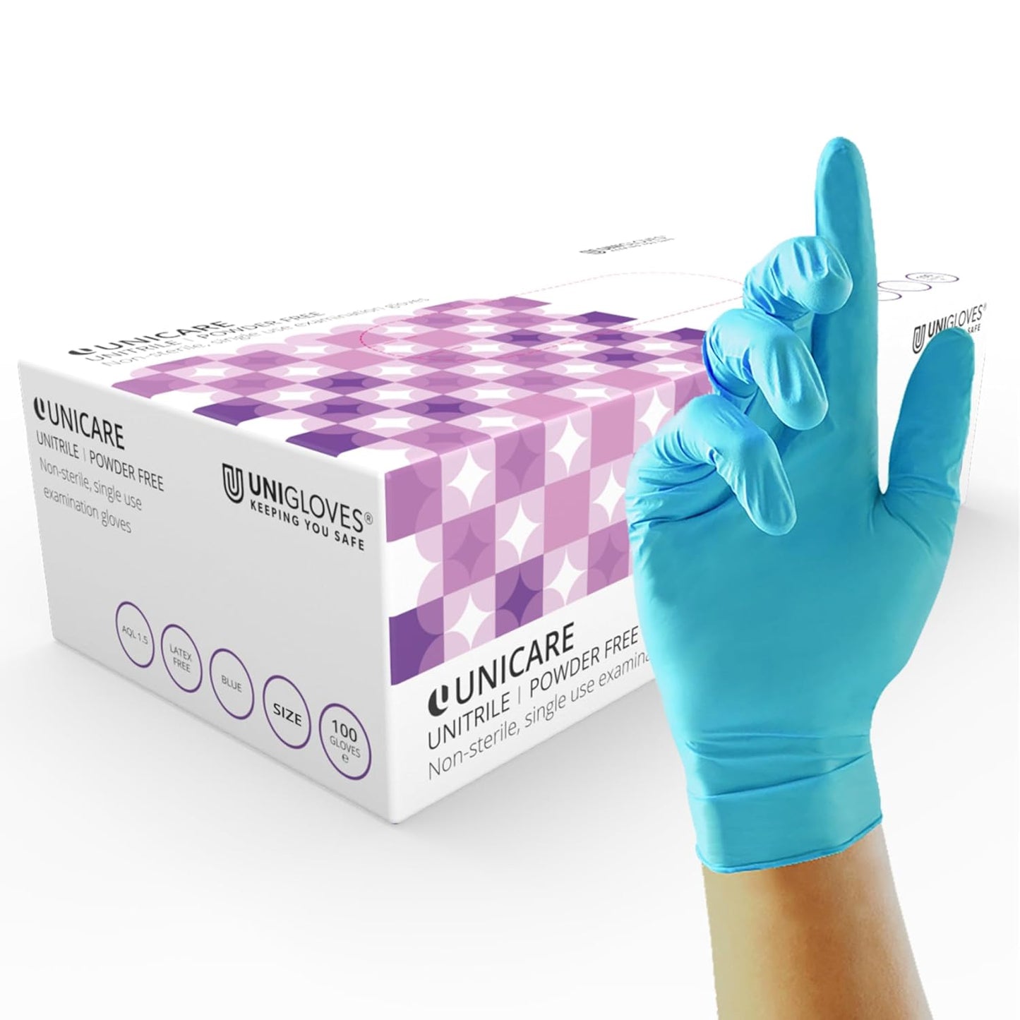 Unigloves Unitrile GS0053 Medical Grade Examination Gloves - Powder and Latex Free Disposable Gloves, Box of 100 Gloves, Blue, Medium