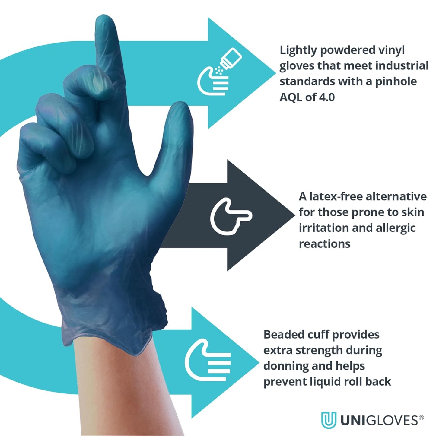 UNIGLOVES Unicare Blue Vinyl GS0093 Single Use - Multipurpose, Lightly Powdered, Latex Free Disposable Gloves, Box of 100 Gloves, Blue, Medium