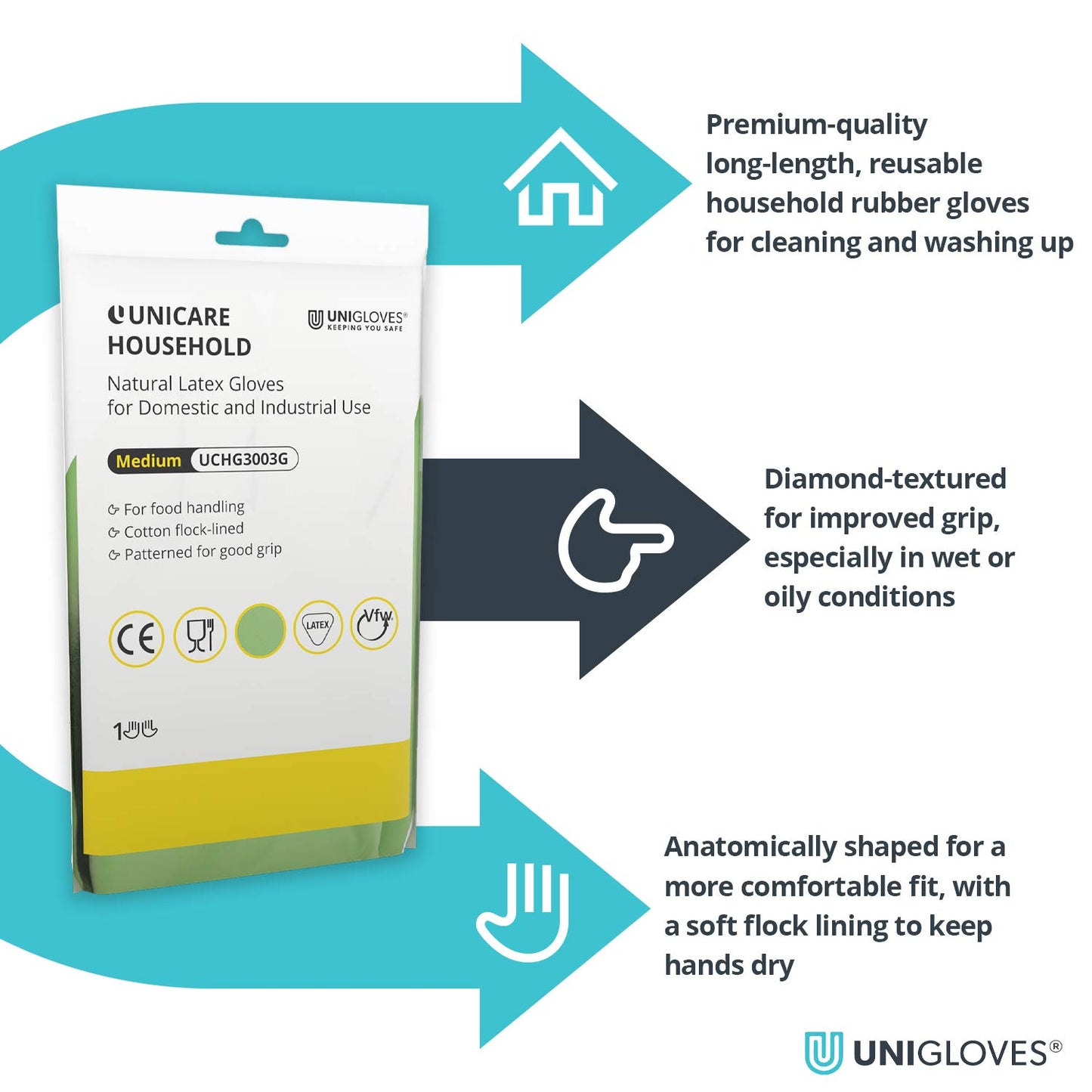 Unigloves Unicare Household Power-Free Reusable Household Latex Gloves, 1 Pair, Green, Extra Large (UCHG3005G)