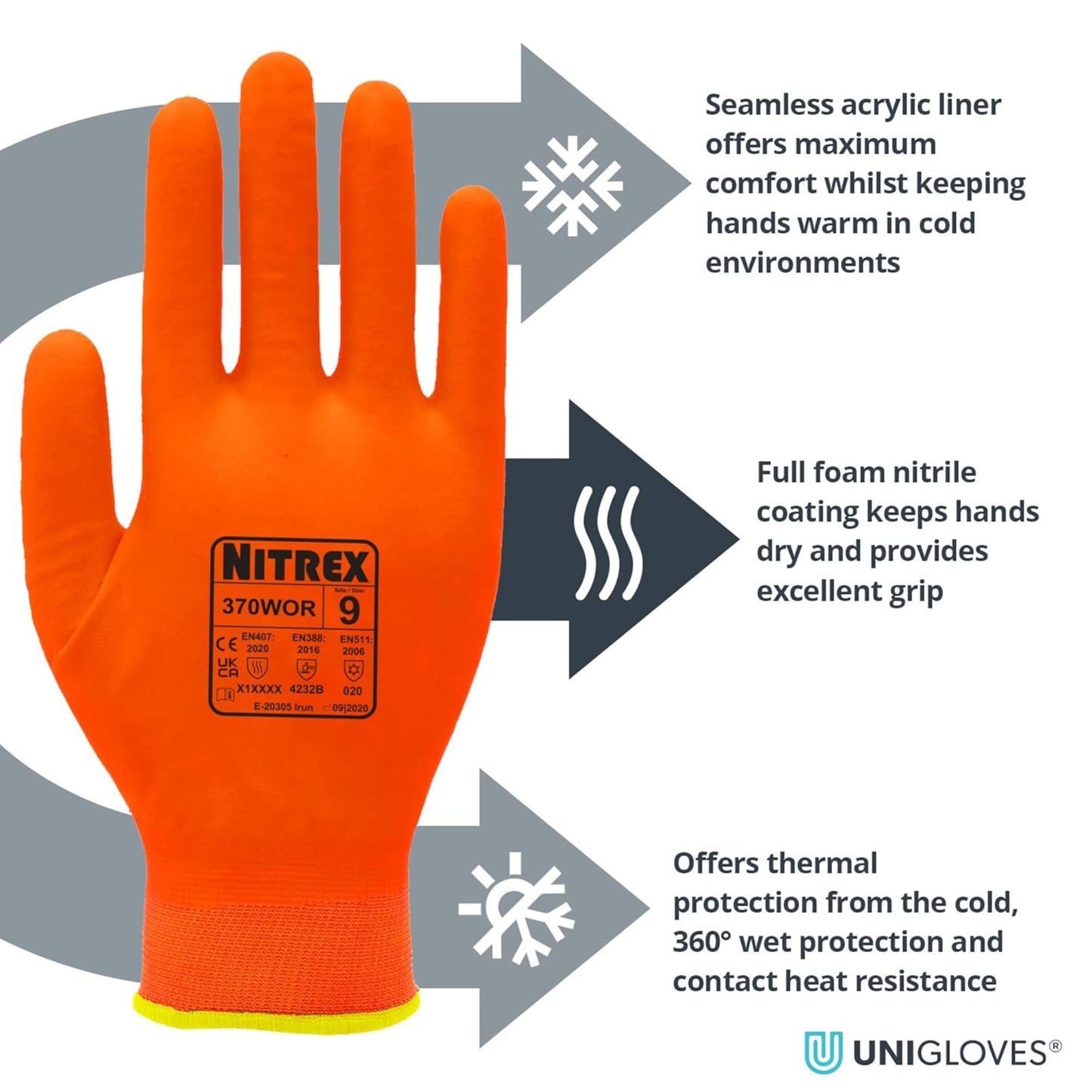NITREX 370WOR Thermal Work Gloves, Wet and Dry Grip, High Visibility, Maximum Abrasion Resistance, Cut Protection Level B, Orange, Size 11