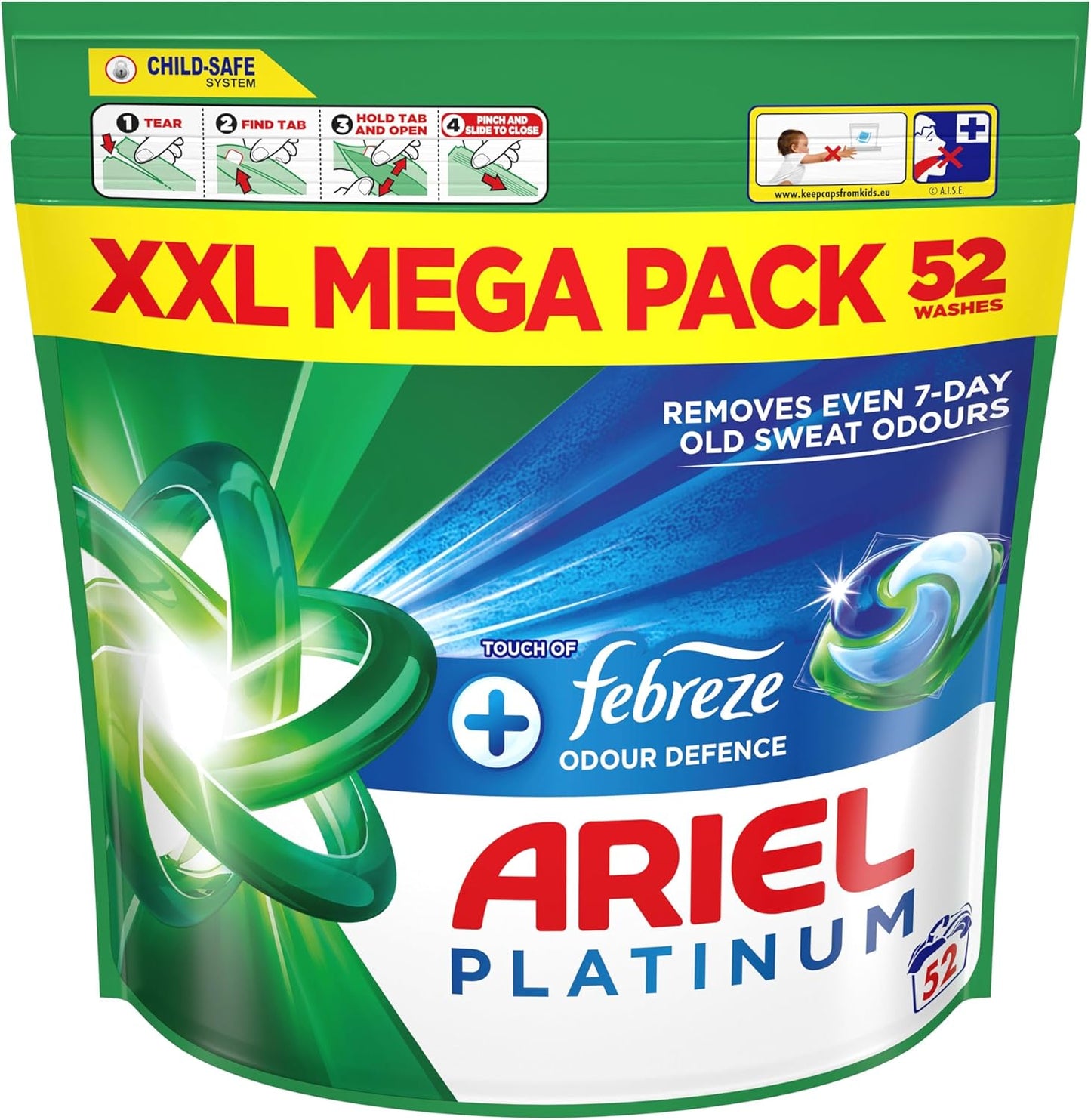 Ariel Platinum PODS, Washing Liquid Laundry Detergent Capsules 52 Washes, +Touch Of Febreze Odour Defence, Extra Stain & Odour Removal
