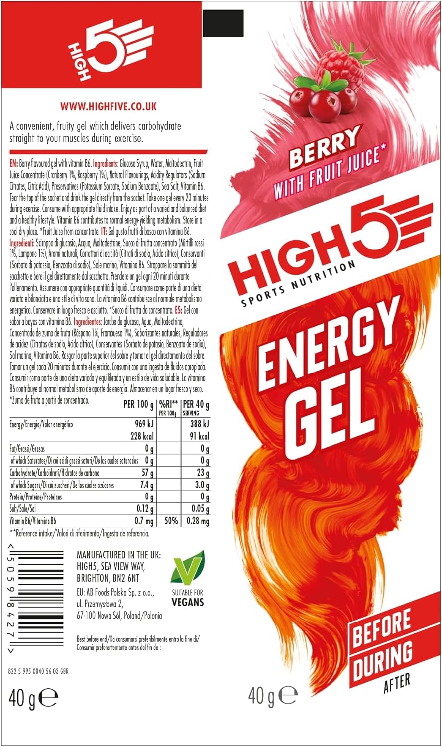 HIGH5 Energy Gels - Quick Release Sports Gels to Power Muscles for Peak Performance - Natural Fruit Juice & Caffeine-Free - On The Go Energy Boost for Running, Cycling and Endurance (Berry, 20 x 40g)