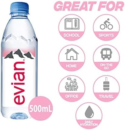 Evian Natural Spring Mineral Rich Water Bottle, 24 X 500 ml