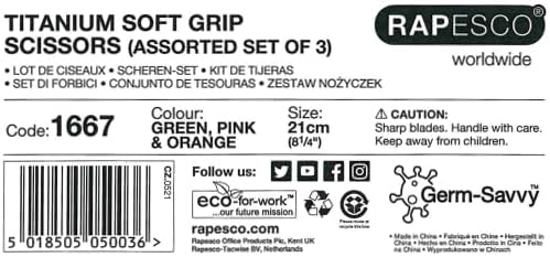 Rapesco 1667 Germ-Savvy Antibacterial, 21 cm Titanium Blade Soft Grip Handle Scissors, Assorted Colours, Pack of 3
