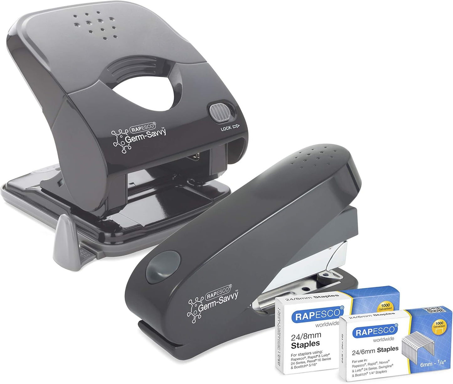 Rapesco 1633 Germ-Savvy Antibacterial, ECO Luna Less Effort Stapler & ECO X5-40ps Less Effort Hole Punch Set, Dark Grey