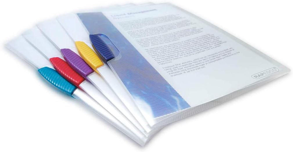 Rapesco 0786 Pivot Clip File, A4, Transparent with Coloured Clips, Pack of 5