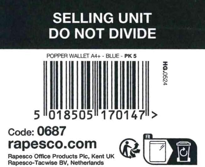 Rapesco 0687 Popper Wallets, A4+ / Foolscap, Transparent Blue, Pack of 5