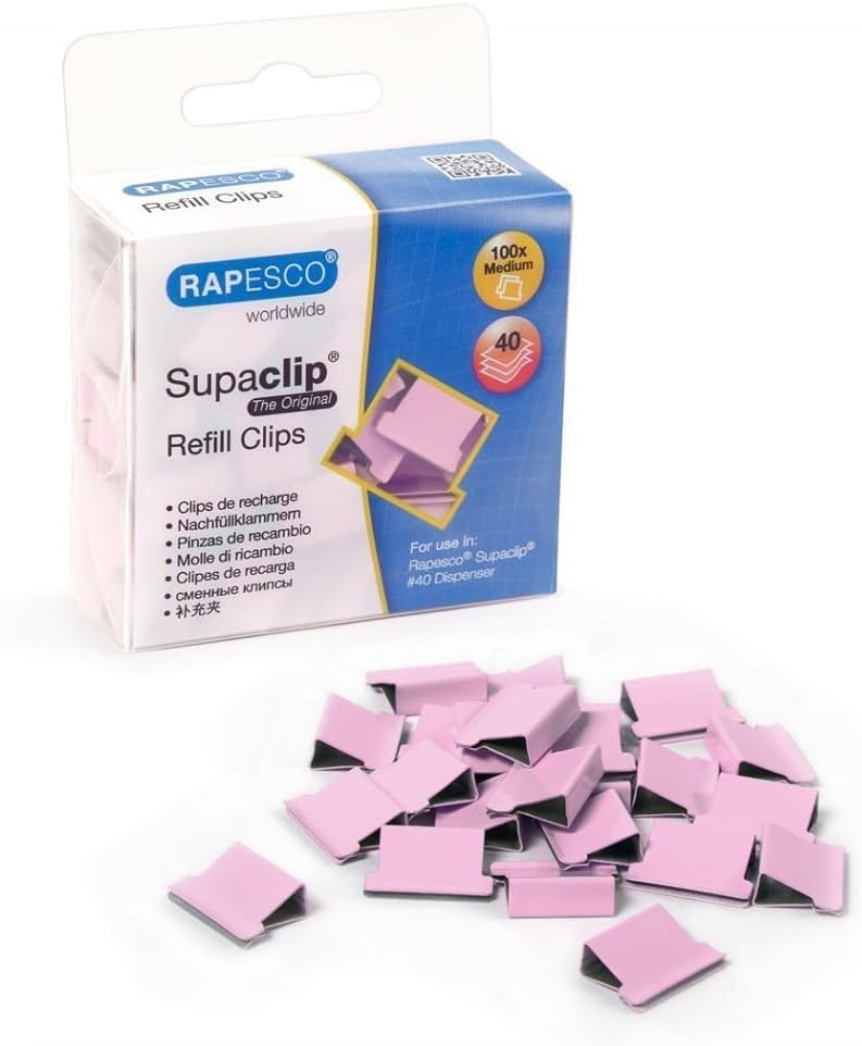 Rapesco 1312 Supaclip 40 Refill Clips, Candy Pink, Pack of 100