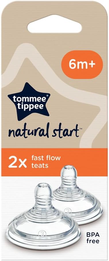 Tommee Tippee Natural Start Baby Bottle Teats, Fast Flow, 6+ Months, Breast-Like for a Natural Latch, Anti-colic Valve, Soft Silicone, Pack of 2