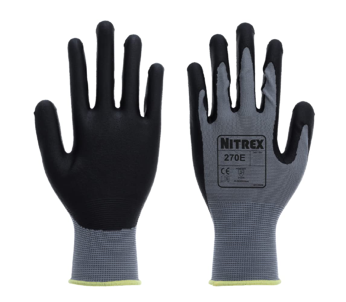 NITREX 270E Work and Safety Gloves, Bag of 10 Pairs - General Handling Gloves with Polyester Liner and Foam Nitrile Palm Coating in Grey, Size 6