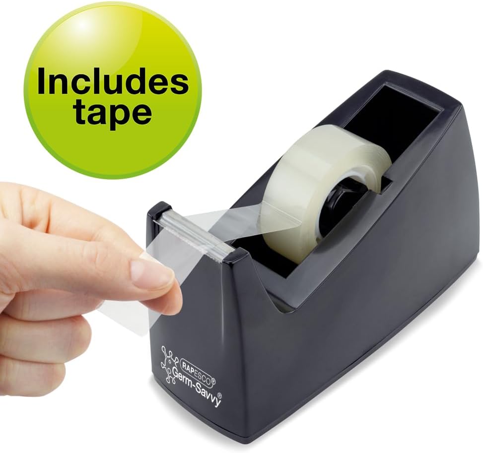 Rapesco 1741 Business Pack: 4 Germ-Savvy Antibacterial 300 Tape Dispensers and 4 Clear Tape Rolls, Black