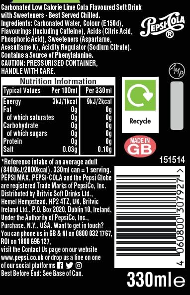 Pepsi Max Lime No Sugar Cola Cans 24 x 330ml