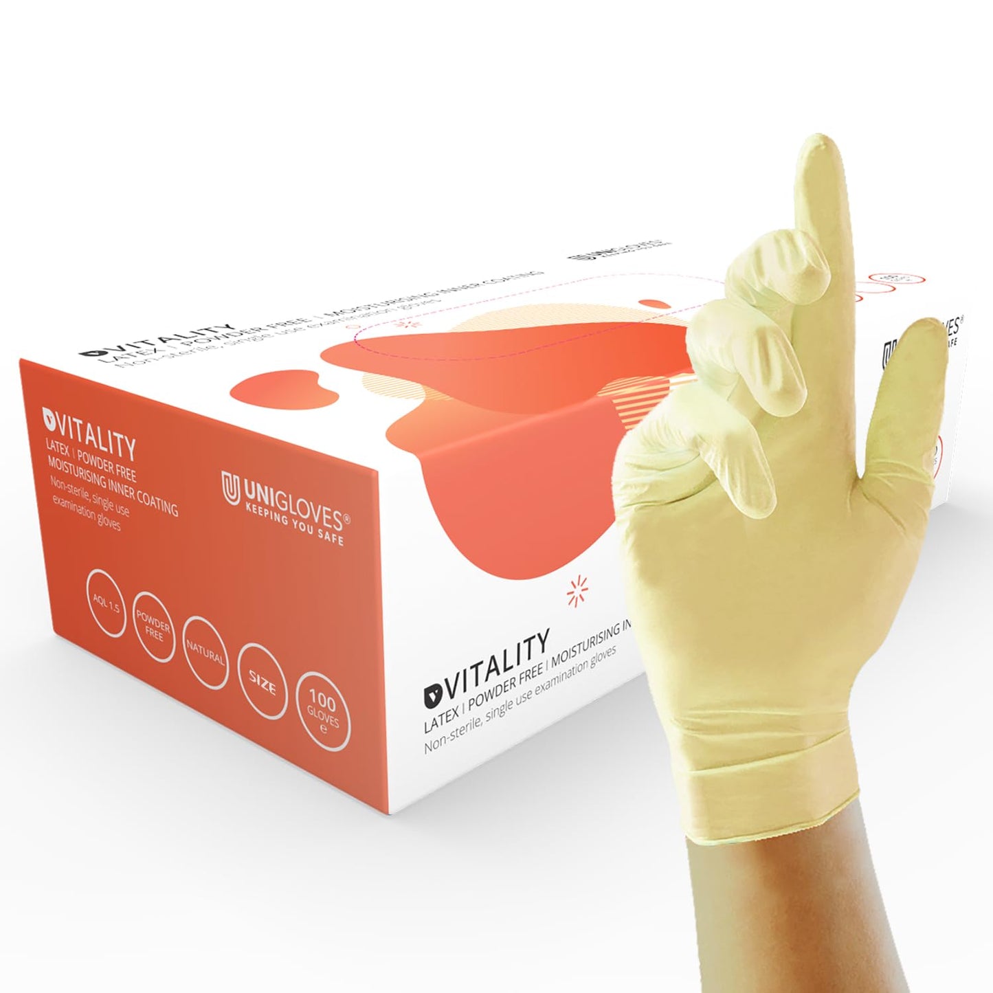 Unigloves Vitality GD0022 Moisturising Latex Examination - Multipurpose, Powder Free Disposable Gloves, Box of 100 Gloves, Natural, Small