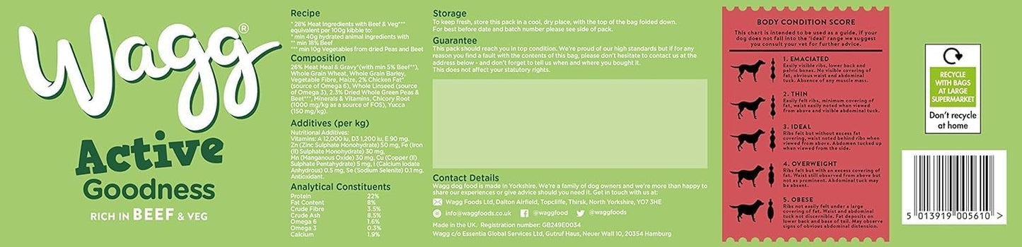 Wagg Active Goodness Complete Dry Adult Dog Food Beef & Veg 12kg - For All Active Working Dog Breeds