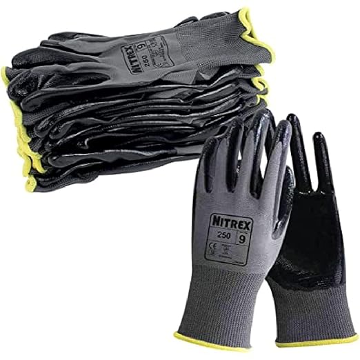 Nitrex 250 Work Gloves - General Handling Safety Gloves, Abrasion Resistant Nitrile Palm Coating, Polyester Liner, Enhanced Grip, Mechanical and Industrial Protection - 10 Pairs - Size 6