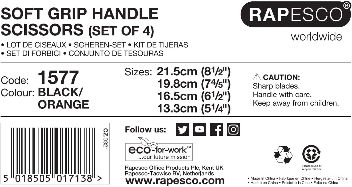 Rapesco 1577 Soft Grip Handle Scissors, Black/Orange, Set of 4