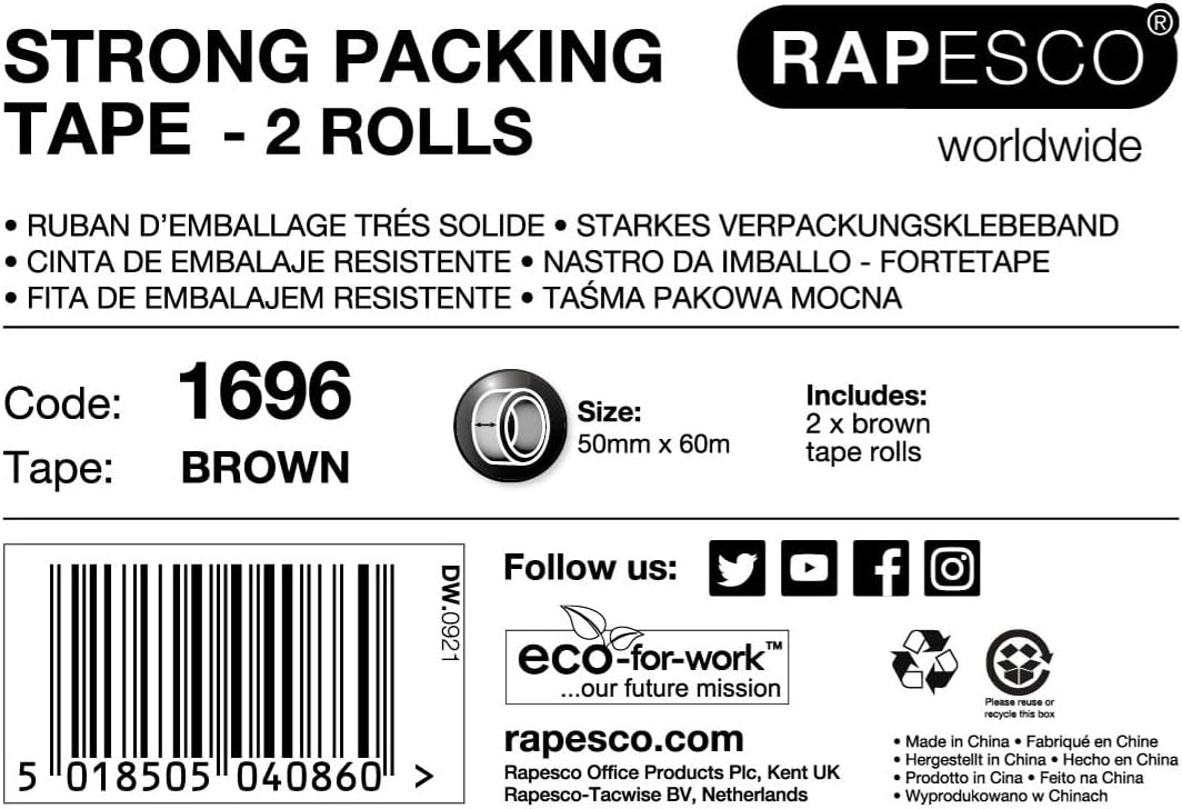 Rapesco 1696 Strong Packing Tape 50mm x 60m, Brown, Pack of 2