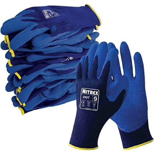 Nitrex 299T Work and Safety Gloves, Bag of 10 Pairs, Size 9 - Seamless Knitted Fleece Lined, Thermal Latex Coated, B Rated Cut Resistant Gloves
