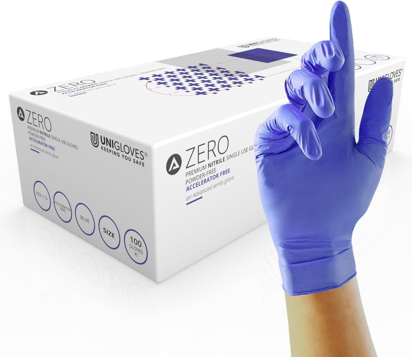 Unigloves Advanced Zero GM0053 Accelerator Free Nitrile Examination - Multipurpose and Free From Powder, Zinc, Sulphur & Latex, Box of 100 Gloves, Blue, Medium