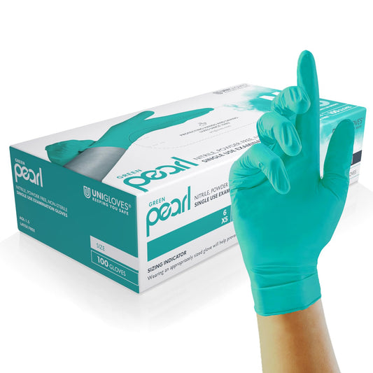Unigloves Green Pearl Nitrile Examination Gloves - Multipurpose, Powder Free and Latex Free Disposable Gloves - Box of 100 Gloves, Green, Large (GP0044)