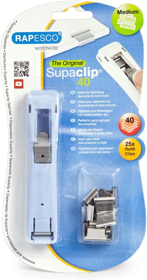 Rapesco 1366 Supaclip 40 Powder Blue Dispenser and 25 Stainless Steel Clips