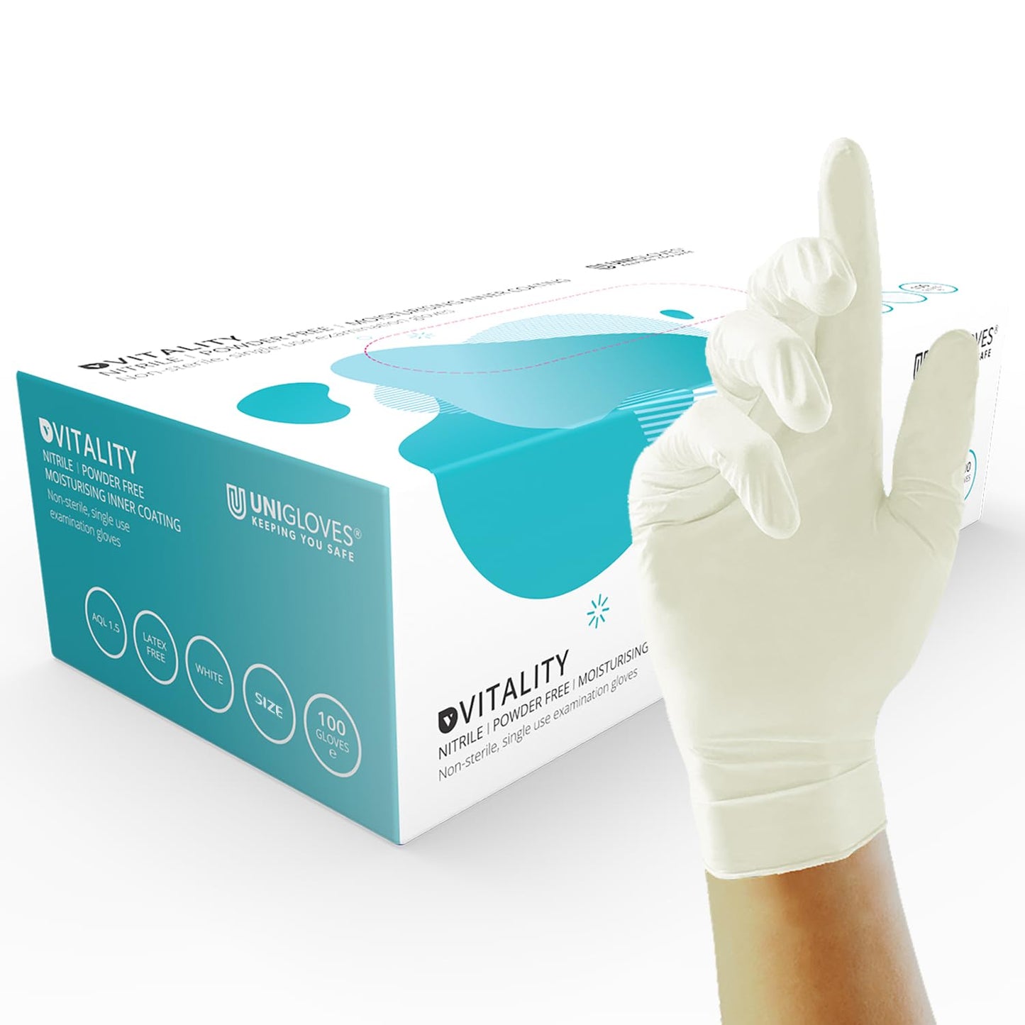 Unigloves Vitality Nitrile GD0033 Moisturising Examination - Multipurpose, Powder and Latex Free Disposable Gloves, Box of 100 Gloves, White, Medium