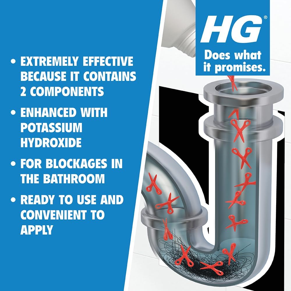 HG Drain and Plug Hair Unblocker, Removes Hair from Showers, Baths, Sinks & Plug Holes, Unblocks Blocked Bathroom Pipes & Drains Quickly & Easily (200 ml + 250 ml) - 667045106