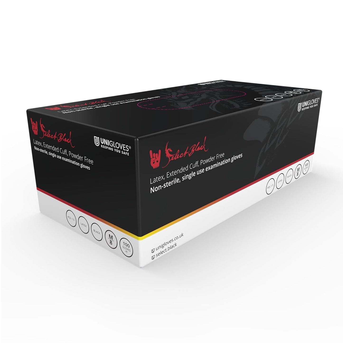 Unigloves Select Black Latex Extended Cuff GT0014 Single Use - Multipurpose, Powder Free Disposable Gloves, Optimised for Tattoo Artists, Box of 100 Gloves, Black, Large