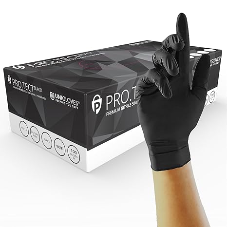 Unigloves PRO.TECT Black GA0044 Nitrile Single Use - Multipurpose, Powder Free Disposable Gloves, Box of 100 Gloves, Black, Large