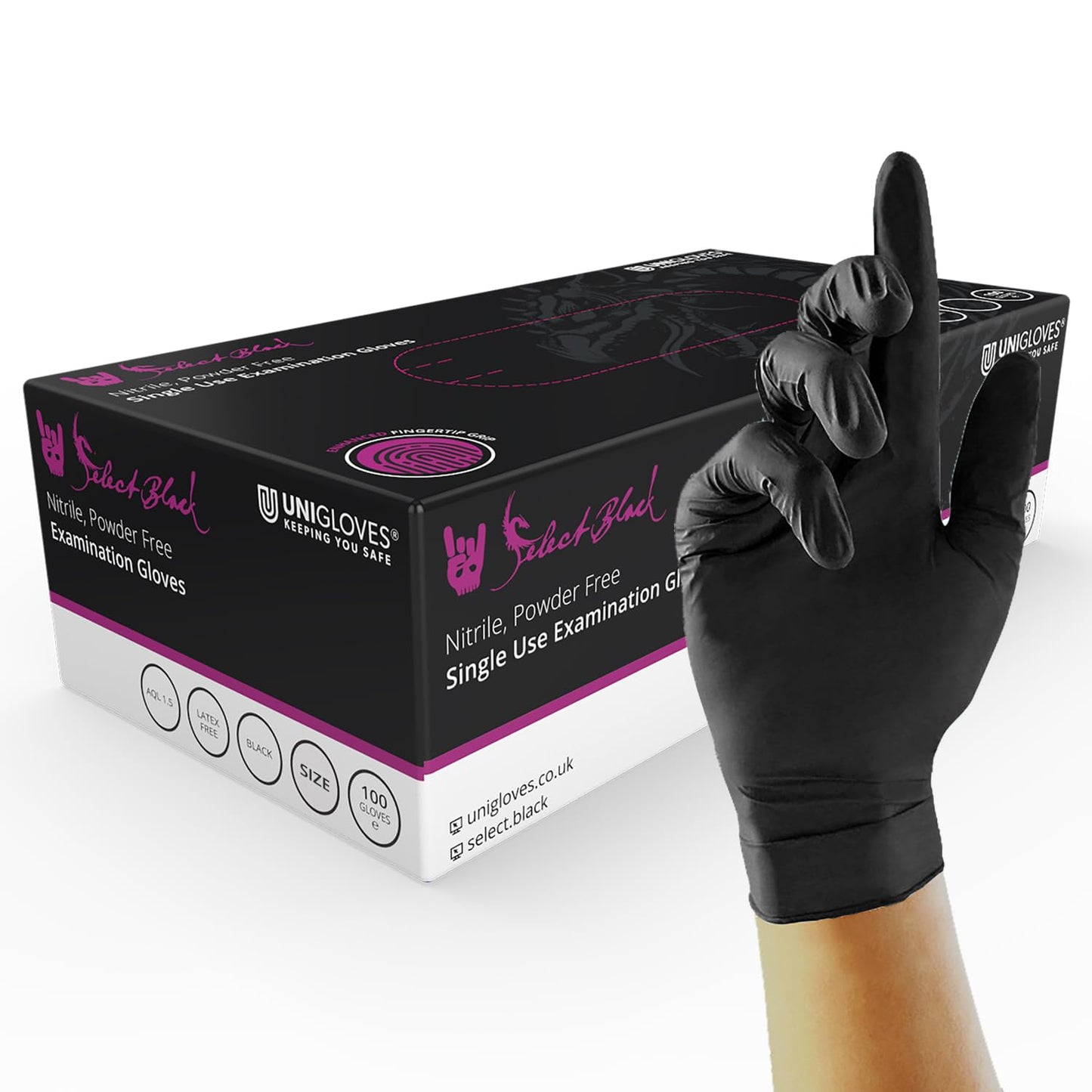 Unigloves Select Black Nitrile GT0033 Single Use Examination - Multipurpose, Powder Free Disposable Gloves, Optimised for Tattoo/Piercing and Beauty, Box of 100 Gloves, Black, Medium
