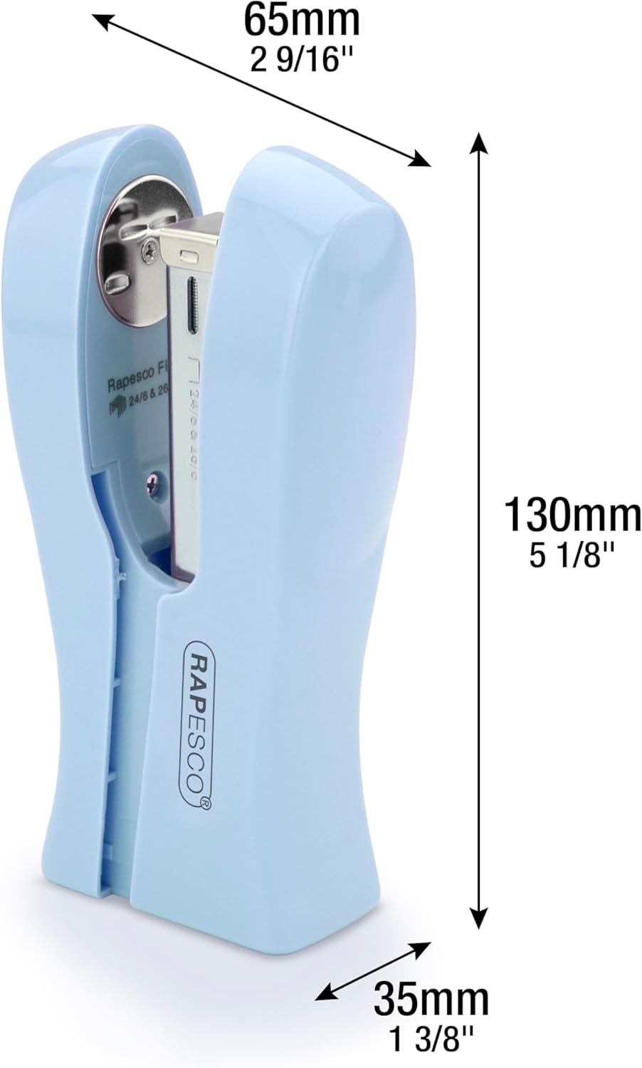Rapesco 1379 Stand Up/Space-Saving Stapler, 20 Sheet Capacity, Powder Blue