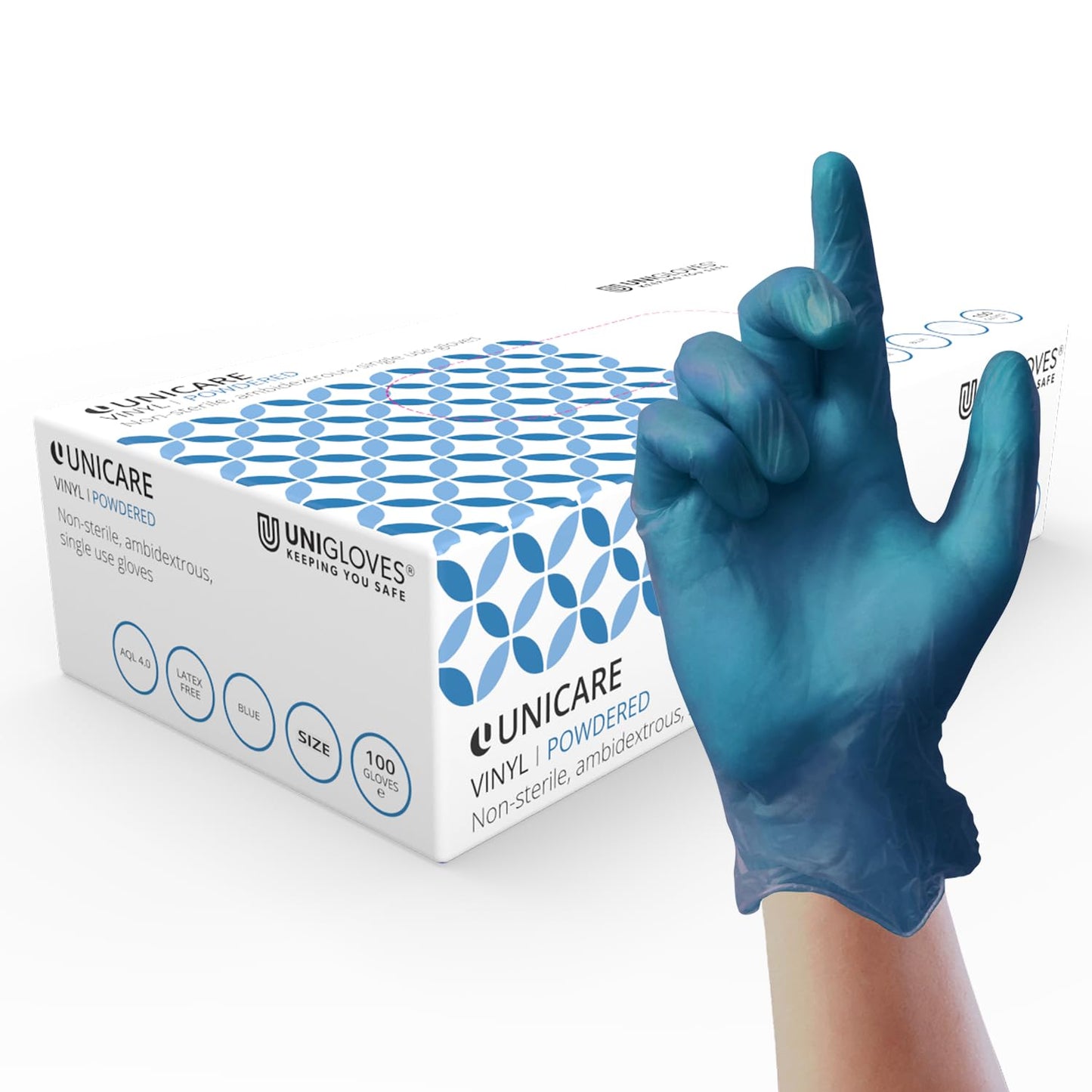 UNIGLOVES Unicare GS0082 Powdered Blue Vinyl Single use Gloves, Small, Set of 100