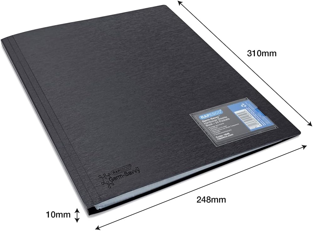 Rapesco 1649 Germ-Savvy Antibacterial, Hardcover Polypropylene Presentation Folder 24 Pockets A4, Black