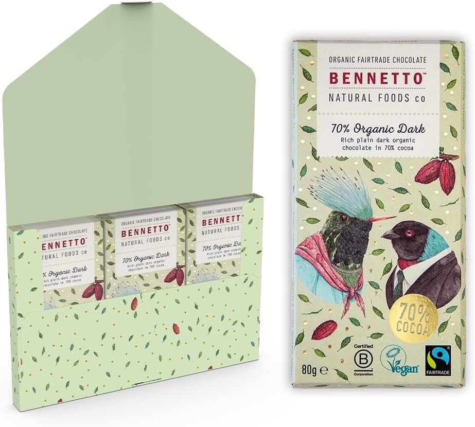 70% Organic Dark Rich, plain dark chocolate with 70% cocoa. Certified organic, Fairtrade, and net climate positive. Beautiful gifts for everyone. 3x 80g Full Size Bars.