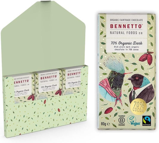 70% Organic Dark Rich, plain dark chocolate with 70% cocoa. Certified organic, Fairtrade, and net climate positive. Beautiful gifts for everyone. 3x 80g Full Size Bars.