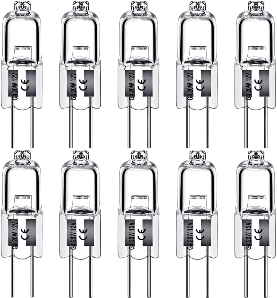 G4 Halogen Light Bulbs 20W 12V Clear Capsule 2 Pin Lamp Bulb Halogen Pin Base Warm White Dimmable 10 Pack [Energy Class G]