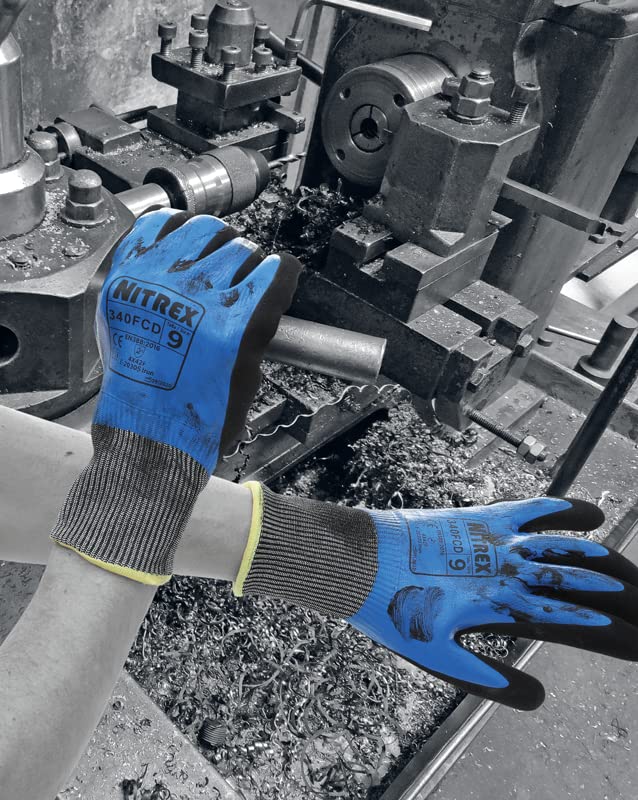 NITREX 340FCD Work and Safety Gloves, Bag of 10 Pairs - F Rated Cut Resistant Gloves with Sandy Nitrile Palm Coating in Black/Blue, Size 6