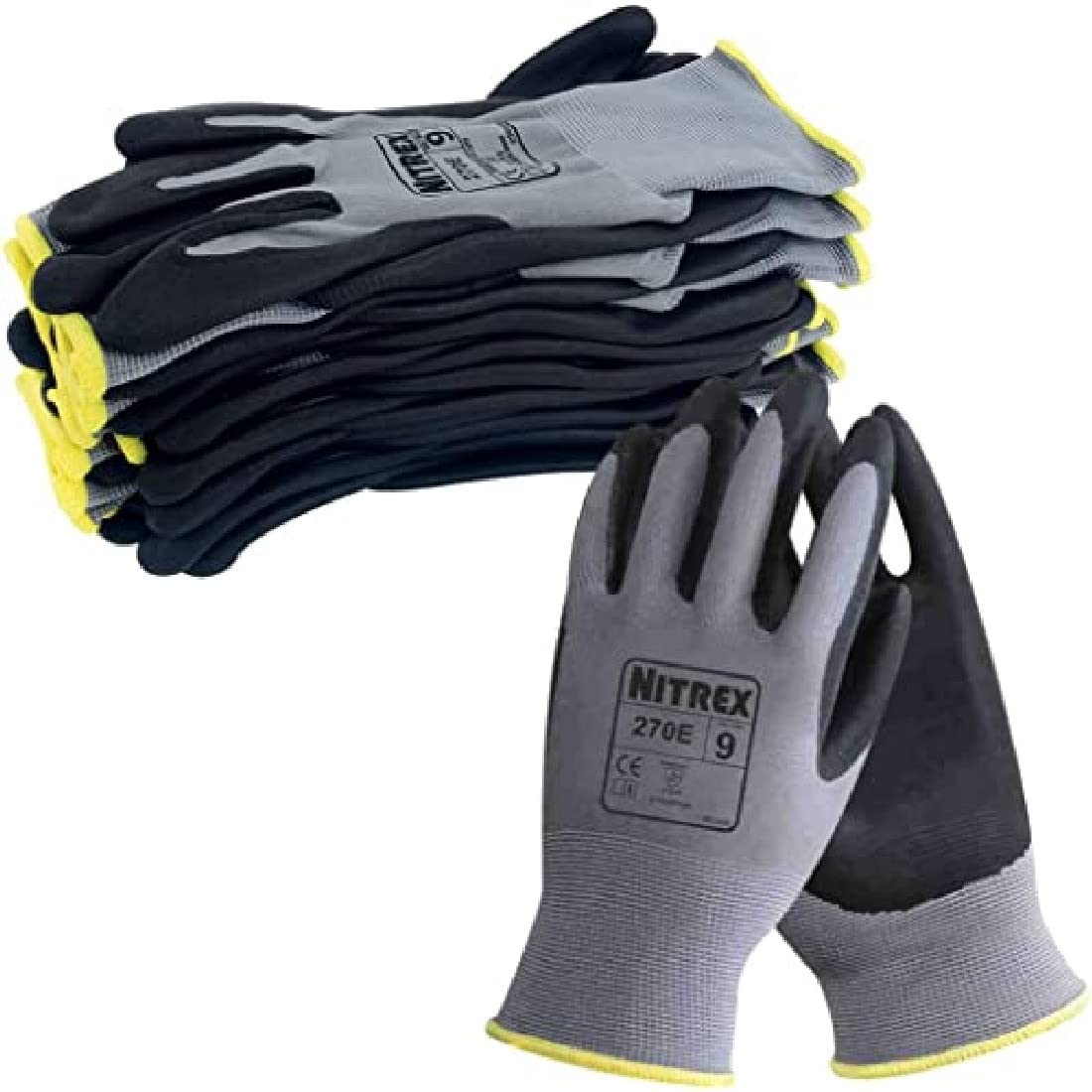 NITREX 270E Work and Safety Gloves, Bag of 10 Pairs - General Handling Gloves with Polyester Liner and Foam Nitrile Palm Coating in Grey, Size 6