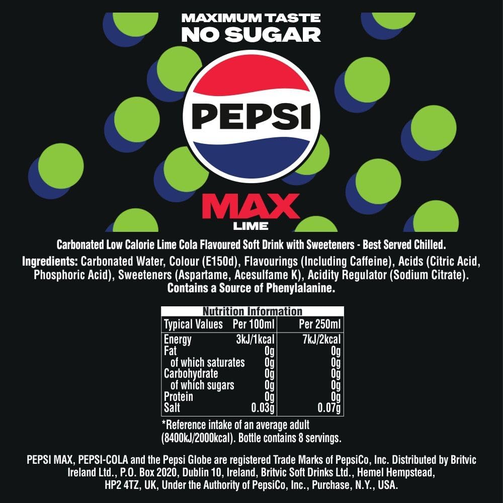 Pepsi Max Lime No Sugar Cola Cans 24 x 330ml