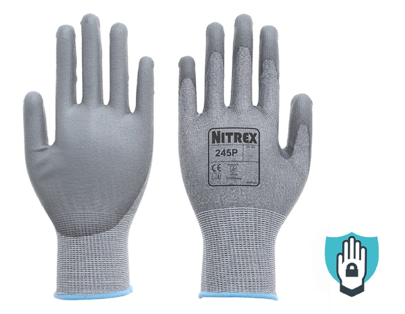 Nitrex 245P Work and Safety Gloves, Bag of 10 Pairs, Size 7 - D Rated Cut Resistant Gloves with PU Palm Coating
