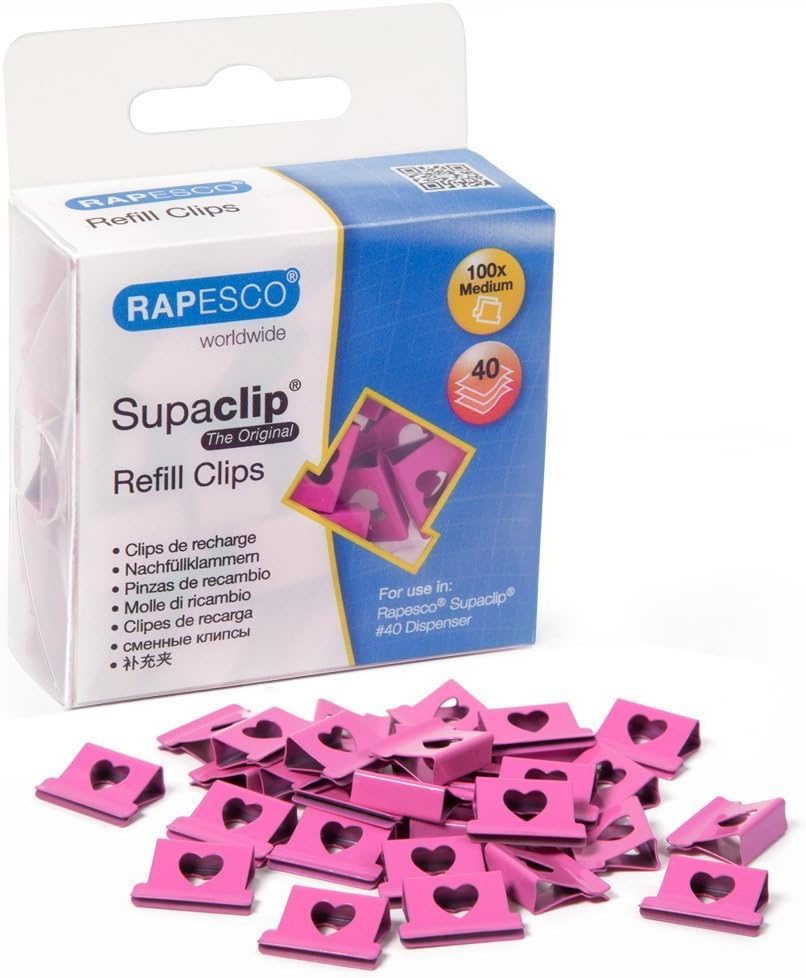 Rapesco 1334 Supaclip 40 Hearts Refill Clips, Hot Pink, Pack of 100